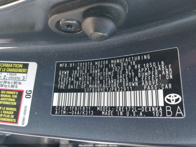 2018 TOYOTA COROLLA 5YFBURHE1JP832911 Photo 8