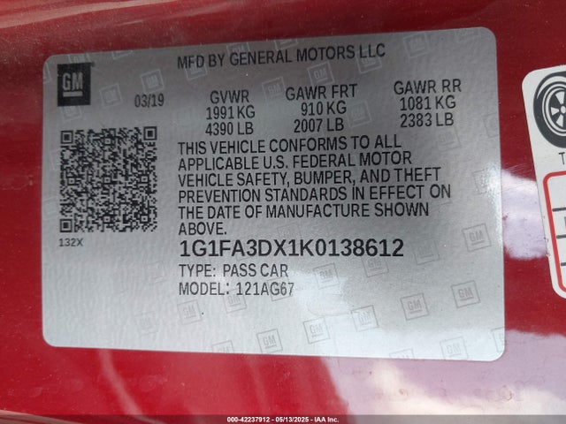 1G1FA3DX1K0138612 Chevrolet Camaro 1lt