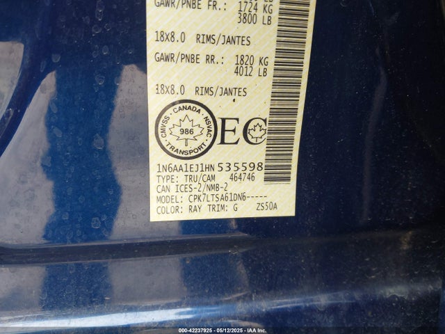 1N6AA1EJ1HN535598 Nissan Titan Platinum Reserve/pro-4x/s/sl/sv
