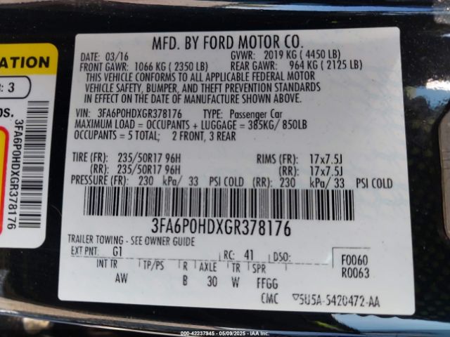3FA6P0HDXGR378176 Ford 2016