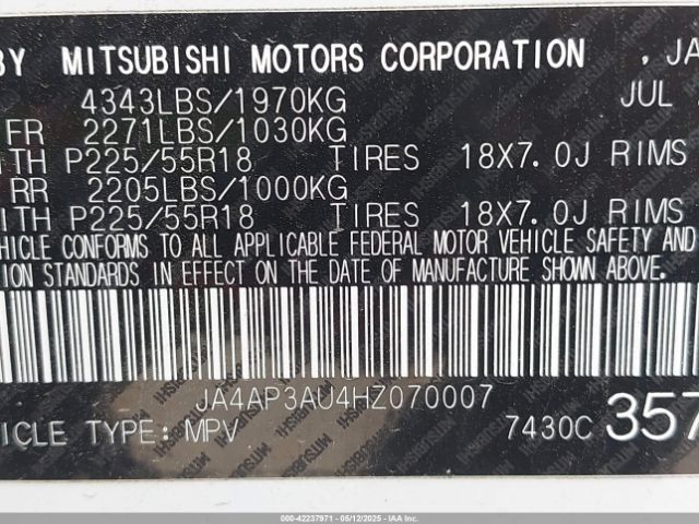 JA4AP3AU4HZ070007 Mitsubishi Outlander Sport 2.0 Le