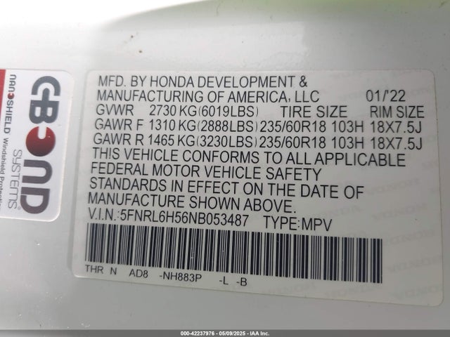 5FNRL6H56NB053487 Honda j35y7