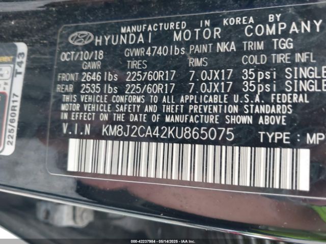 KM8J2CA42KU865075 Hyundai TUCSON SE