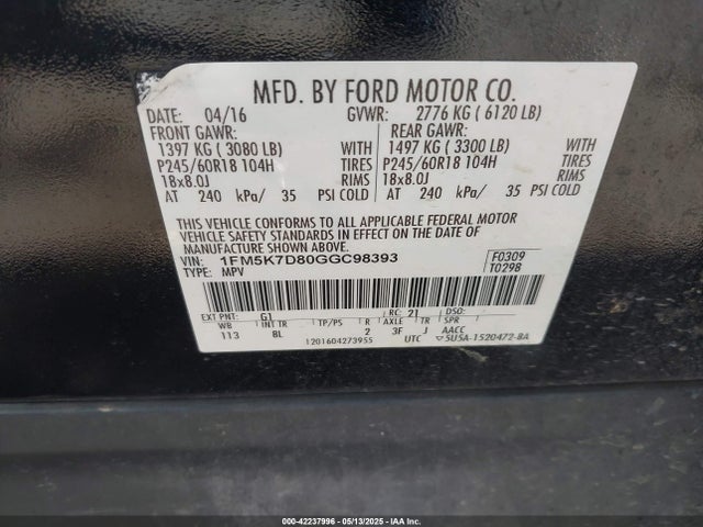 1FM5K7D80GGC98393 Ford EXPLORER XLT