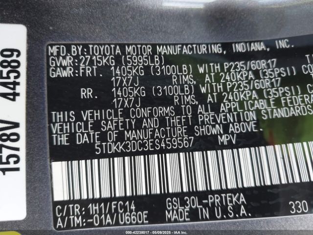 5TDKK3DC3ES459567 Toyota 2gr-fks