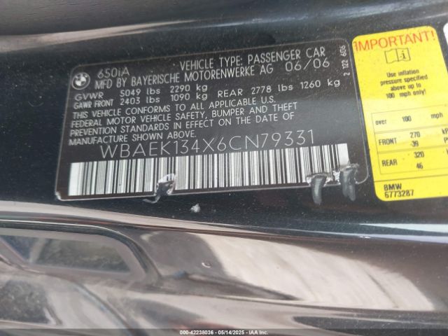 2006 BMW 650I WBAEK134X6CN79331 Photo 8
