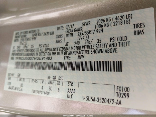 1FMCU0GD7HUE91483 Ford ESCAPE SE