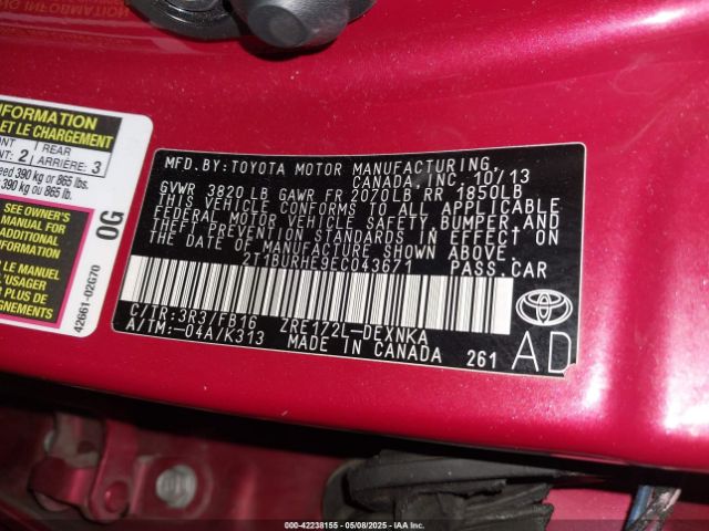 2T1BURHE9EC043671 Toyota Corolla Le Plus