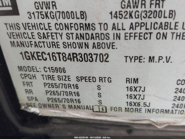 Продаж на аукціоні авто 2004 Gmc Yukon Xl 1500 Slt, vin: 1GKEC16T84R303702, номер лоту: 42238180