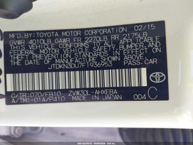 JTDKN3DU7F1936953 Toyota Prius Two