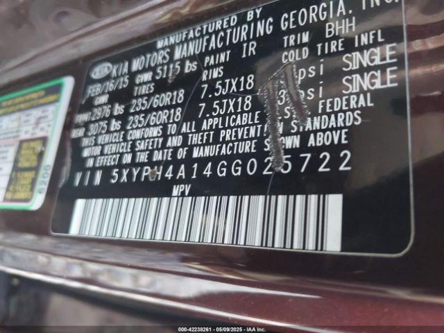 5XYPH4A14GG025722 KIA Sorento 2.0t Ex