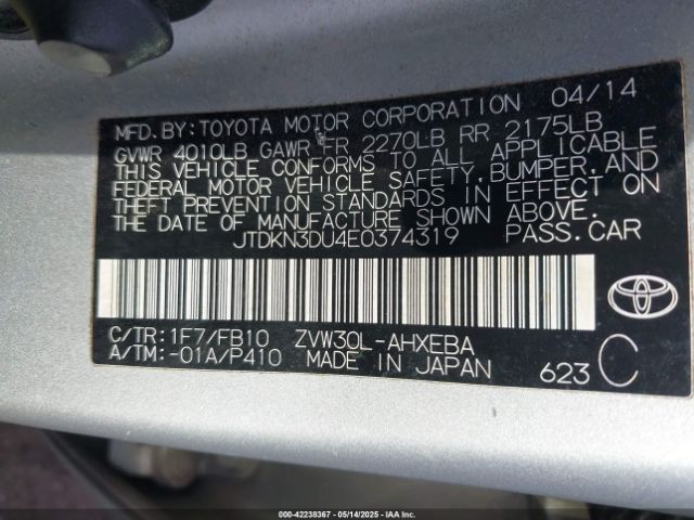 JTDKN3DU4E0374319 Toyota Prius Three