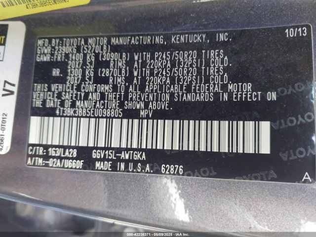 4T3BK3BB5EU098805 Toyota Venza Xle V6