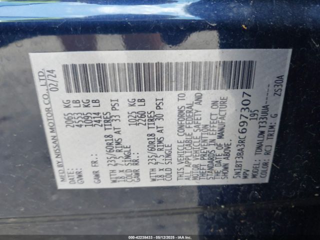 5N1BT3BA3RC697307 Nissan Rogue Sv Fwd