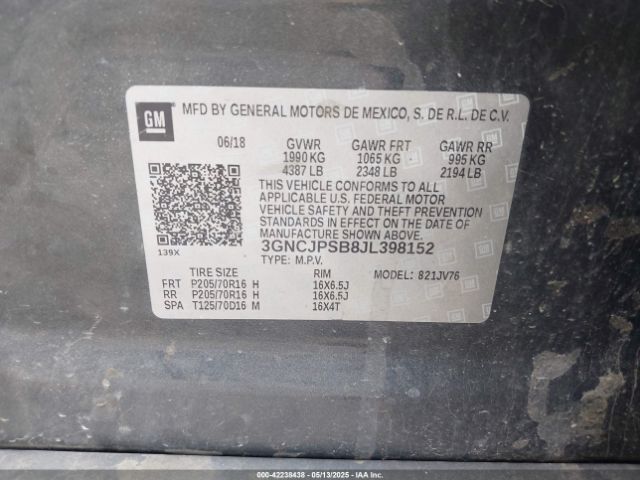 3GNCJPSB8JL398152 Chevrolet Trax Lt