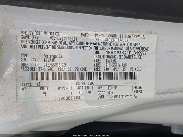 1FADP3K21FL319997 Ford 2015