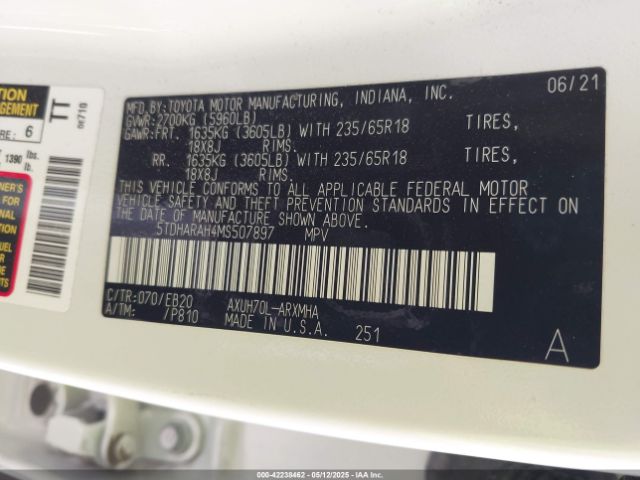 5TDHARAH4MS507897 Toyota Highlander Hybrid Xle
