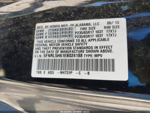 5FNRL5H61EB024188 Honda Odyssey Ex-l
