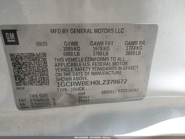 1GCRWBEH0LZ370672 Chevrolet Silverado 1500 2wd Double Cab Standard Bed Custom