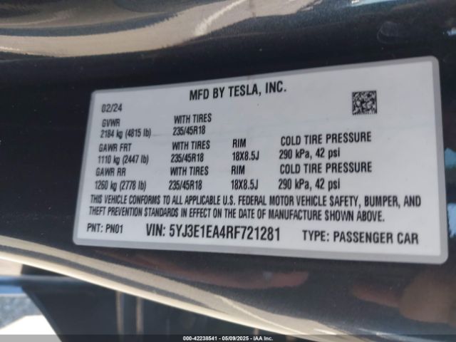 5YJ3E1EA4RF721281 Tesla Model 3 Long Range Dual Motor All-wheel Drive/rear-wheel Drive