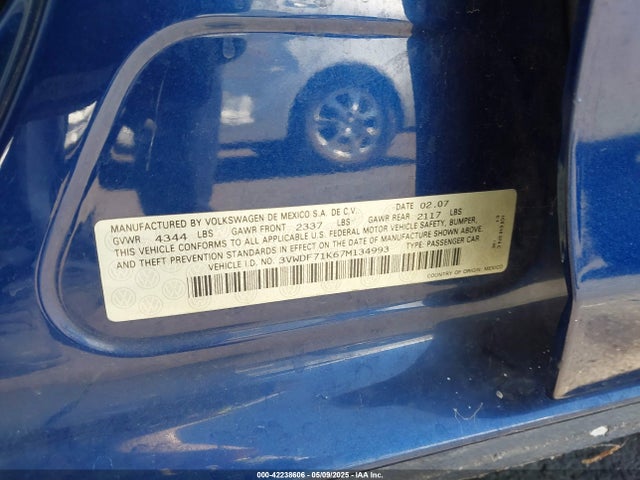 2007 Volkswagen Jetta 2.5 მანქანა იყიდება აუქციონზე, vin: 3VWDF71K67M134993, აუქციონის ნომერი: 42238606