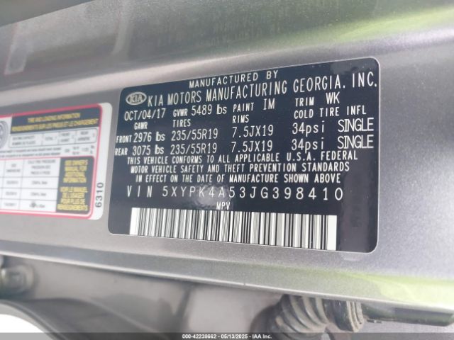 5XYPK4A53JG398410 KIA Sorento 3.3l Sx