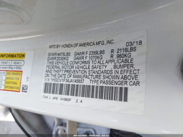 1HGCV1F34JA145657 Honda l15be