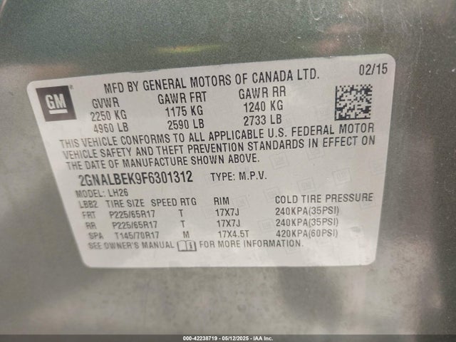 Chevrolet EQUINOX 1LT 2015 2GNALBEK9F6301312 Image 9