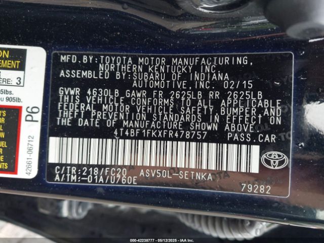 4T4BF1FKXFR478757 Toyota 2ar-fe