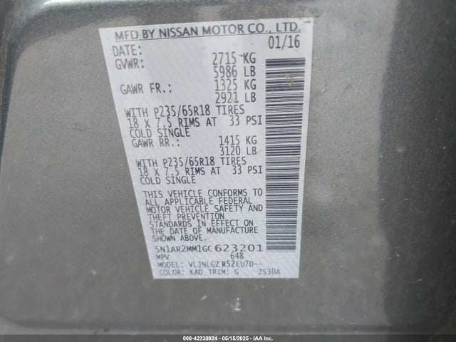 5N1AR2MM1GC623201 Nissan Pathfinder Sl