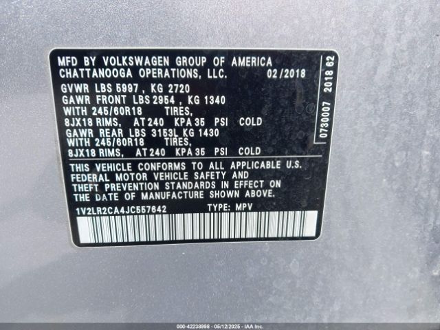 1V2LR2CA4JC557642 Volkswagen Atlas 3.6l V6 Se/3.6l V6 Se W/technology
