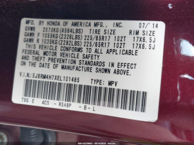 5J6RM4H7XEL101485 Honda Cr-v Ex-l