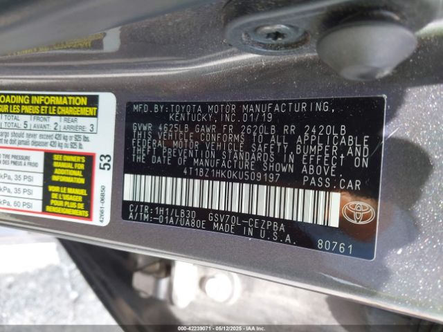 4T1BZ1HK0KU509197 Toyota Camry Xse V6