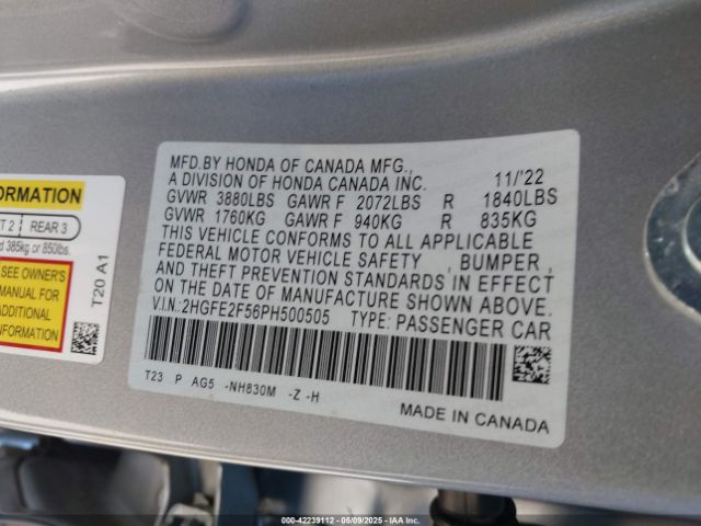 2HGFE2F56PH500505 Honda Civic Sport