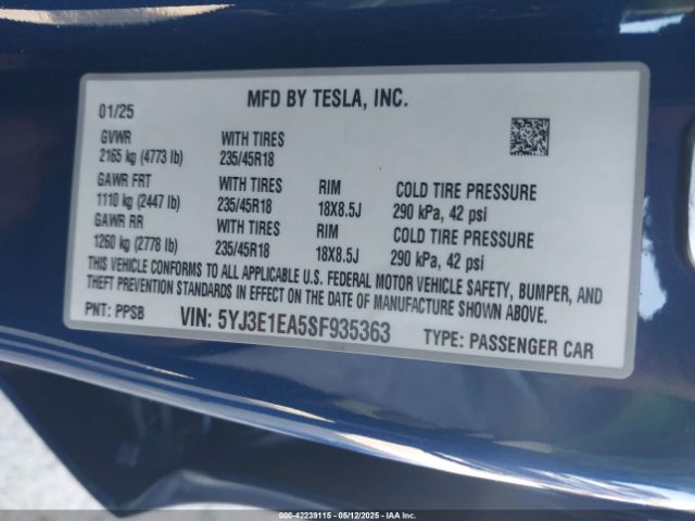 2025 TESLA MODEL 3 5YJ3E1EA5SF935363 Photo 8