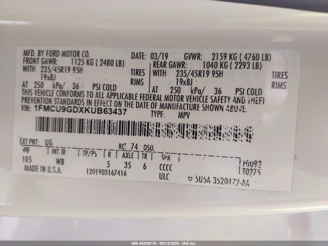 1FMCU9GDXKUB63437 Ford ESCAPE SE