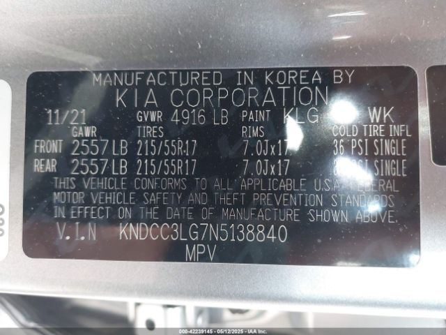 KNDCC3LG7N5138840 KIA Niro Ev Ex