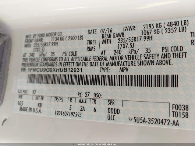 1FMCU9G9XHUB12931 Ford ESCAPE SE
