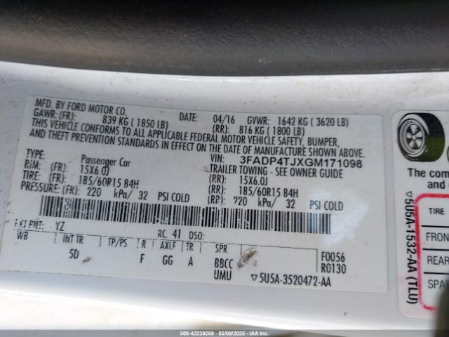 3FADP4TJXGM171098 Ford FIESTA S