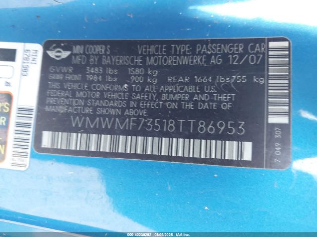 2008 MINI COOPER S WMWMF73518TT86953 Photo 8
