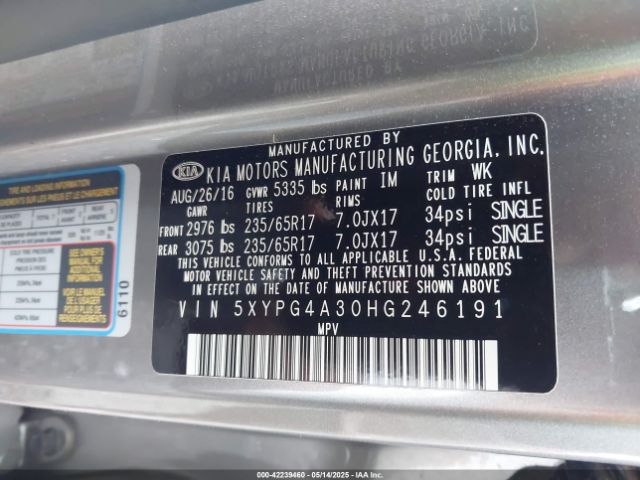 5XYPG4A30HG246191 KIA Sorento 2.4l Lx