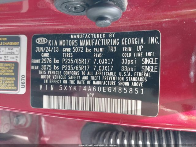 5XYKT4A60EG485851 KIA SORENTO LX