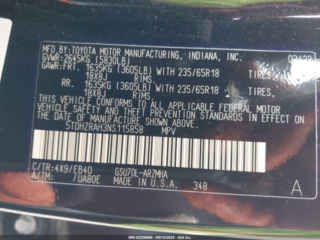 5TDHZRAH3NS115858 Toyota 2gr-fks