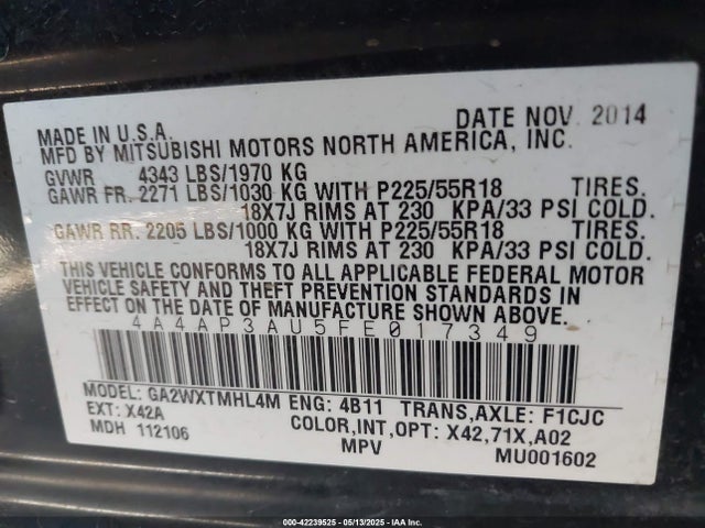 4A4AP3AU5FE017349 Mitsubishi Outlander Sport Es