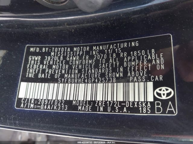 5YFBURHE4GP425738 Toyota Corolla S Plus