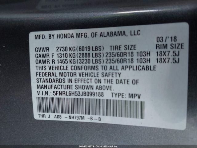 5FNRL6H53JB099188 Honda ODYSSEY EX