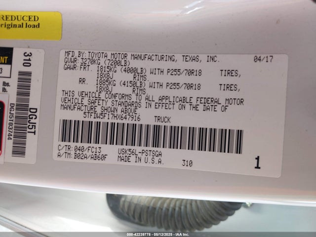 5TFDW5F17HX647916 Toyota Tundra Sr5 5.7l V8