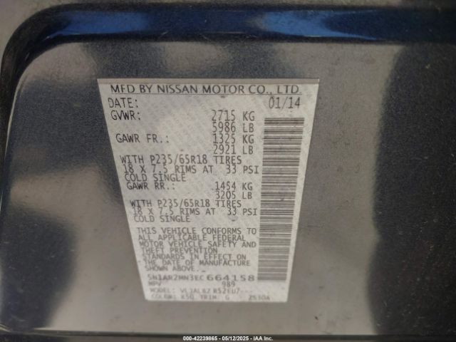 5N1AR2MN3EC664158 Nissan Pathfinder Platinum/s/sl/sv