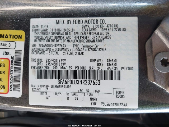 3FA6P0LU3HR237653 Ford Fusion Hybrid Se