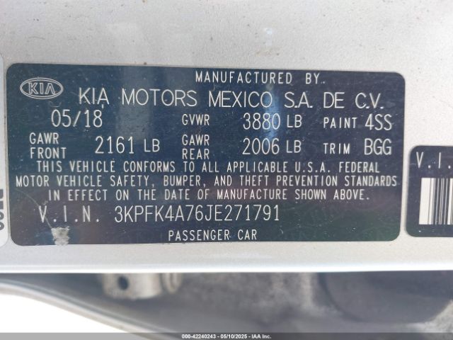 3KPFK4A76JE271791 KIA FORTE LX